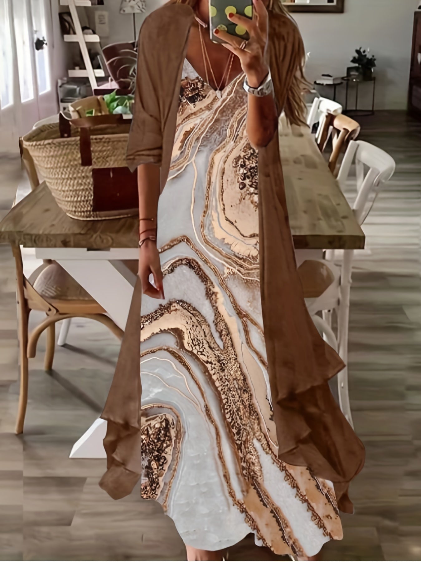 Casual Two-piece Dress Set Half Sleeve Coat & Marble Print Tank Dress