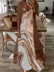 Casual Two-piece Dress Set Half Sleeve Coat & Marble Print Tank Dress