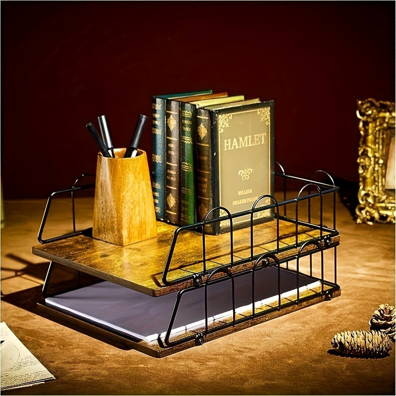 Wooden Desk Organizer Paper Tray Stackable Letter Tray 2 layer