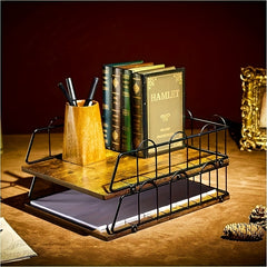 Wooden Desk Organizer Paper Tray Stackable Letter Tray 2 layer