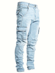 Men's Slim Fit Cargo Jeans Solid Mid Denim Pants