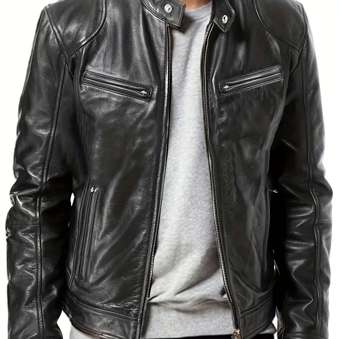 PU Biker Jacket Men's Casual Pockets Zip Up Stand Collar Faux Leather Jacket