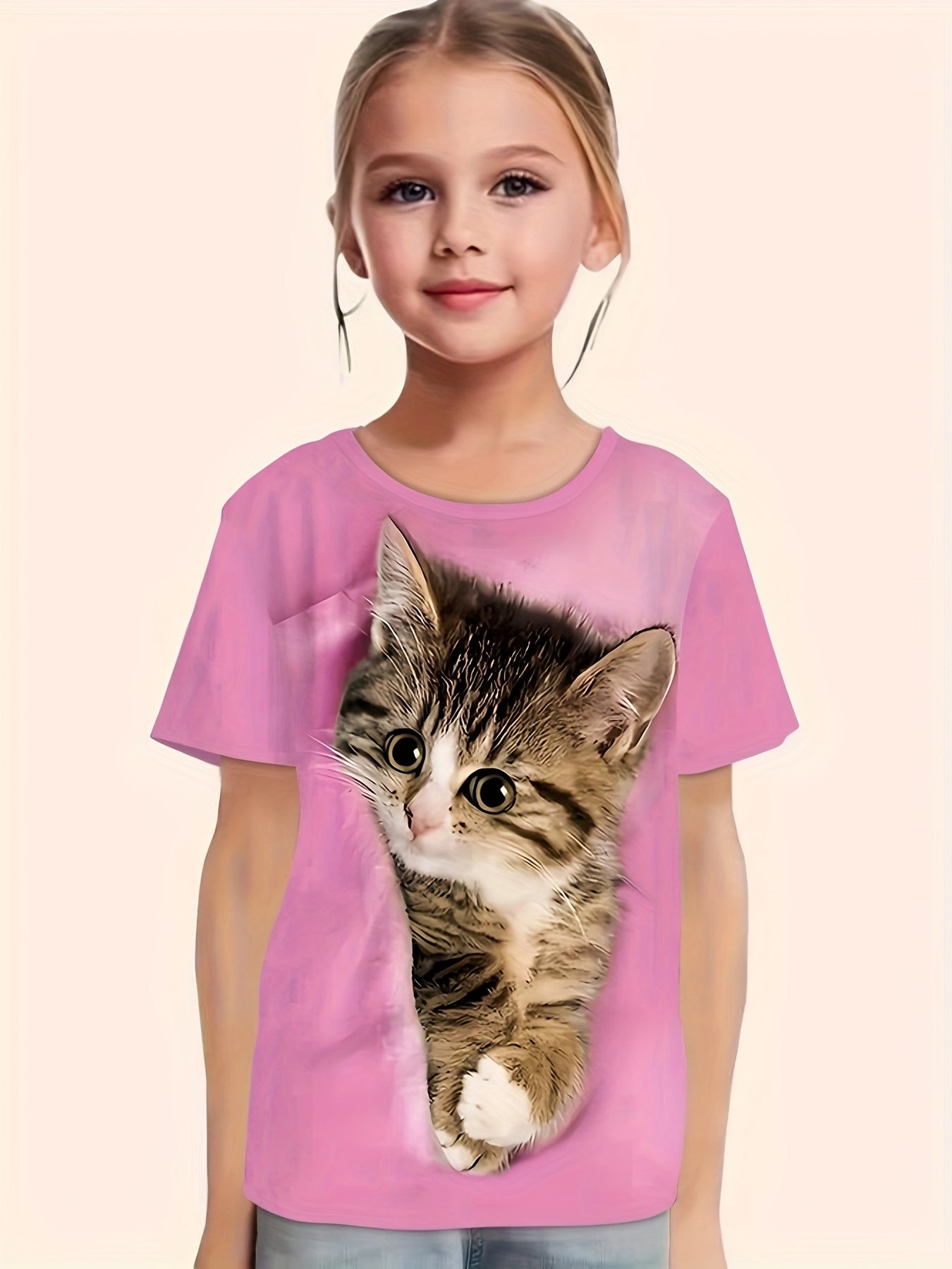 Cat Print Short Sleeve T Shirt Girls