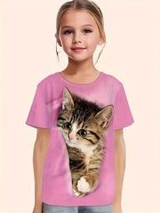 Cat Print Short Sleeve T Shirt Girls