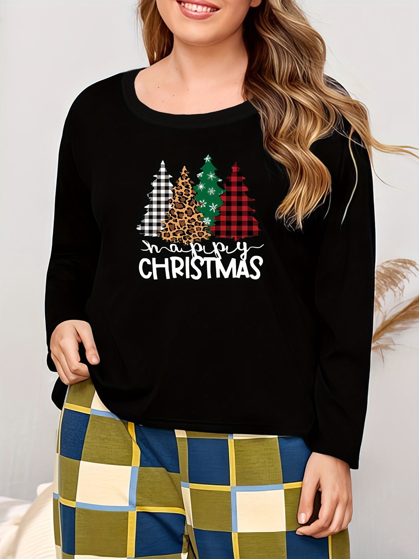 Xmas Tree & Letter Top Plus Size Casual Loungewear