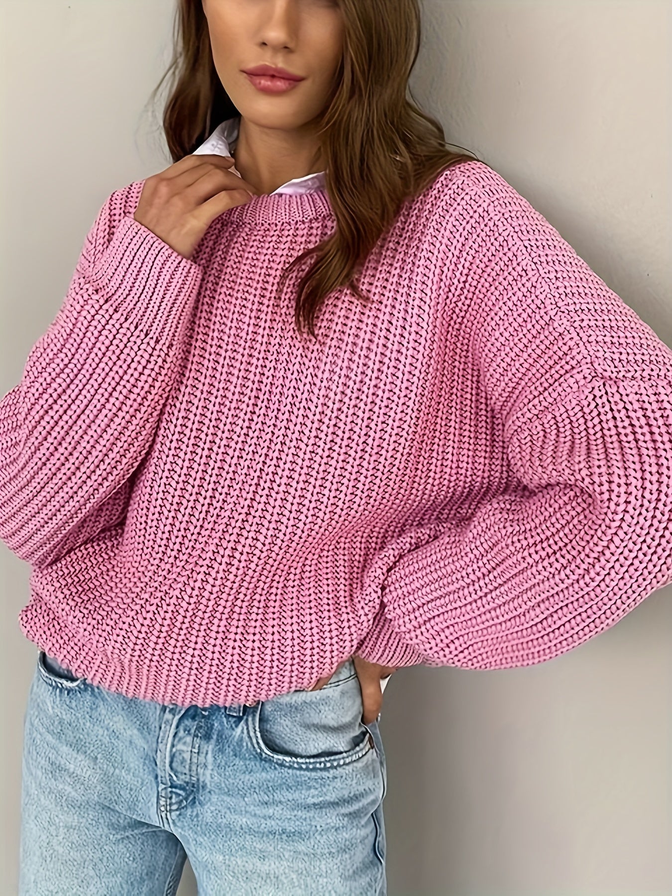 Solid Color Casual Sweater with Long Sleeves