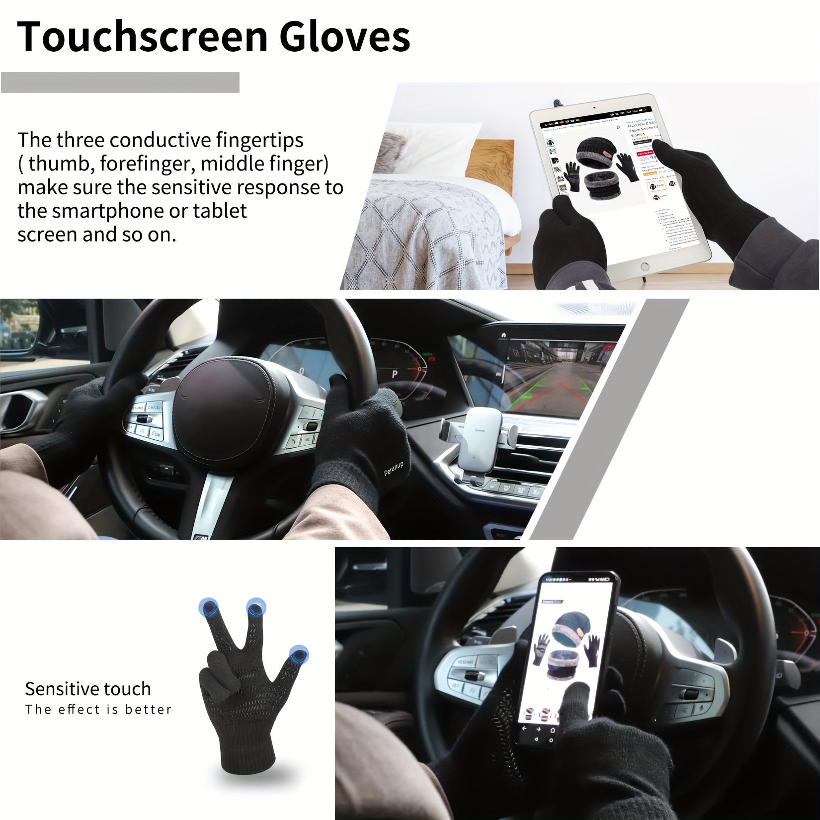 Winter Beanie Hat Scarf Gloves Set Warm Fleece Knit Touch Screen