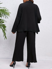 Solid Ribbed Button Up Polo Neck Blouse & Wide Leg Pants Set