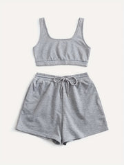 Casual Solid 2pc Set Crop Tank Top & Drawstring Shorts Outfit