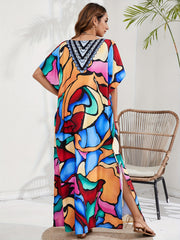 Abstract Face Print Cover Up Batwing Sleeve V Neck Beach Dress