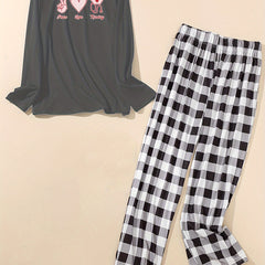 Heart Graphic Tee & Plaid Print Pants Pajamas Set