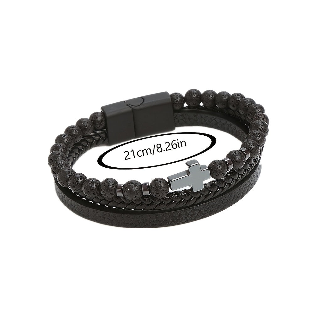 Men's Stone Stainless Steel Leather Cross Bracelet