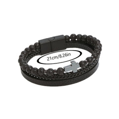 Men's Stone Stainless Steel Leather Cross Bracelet