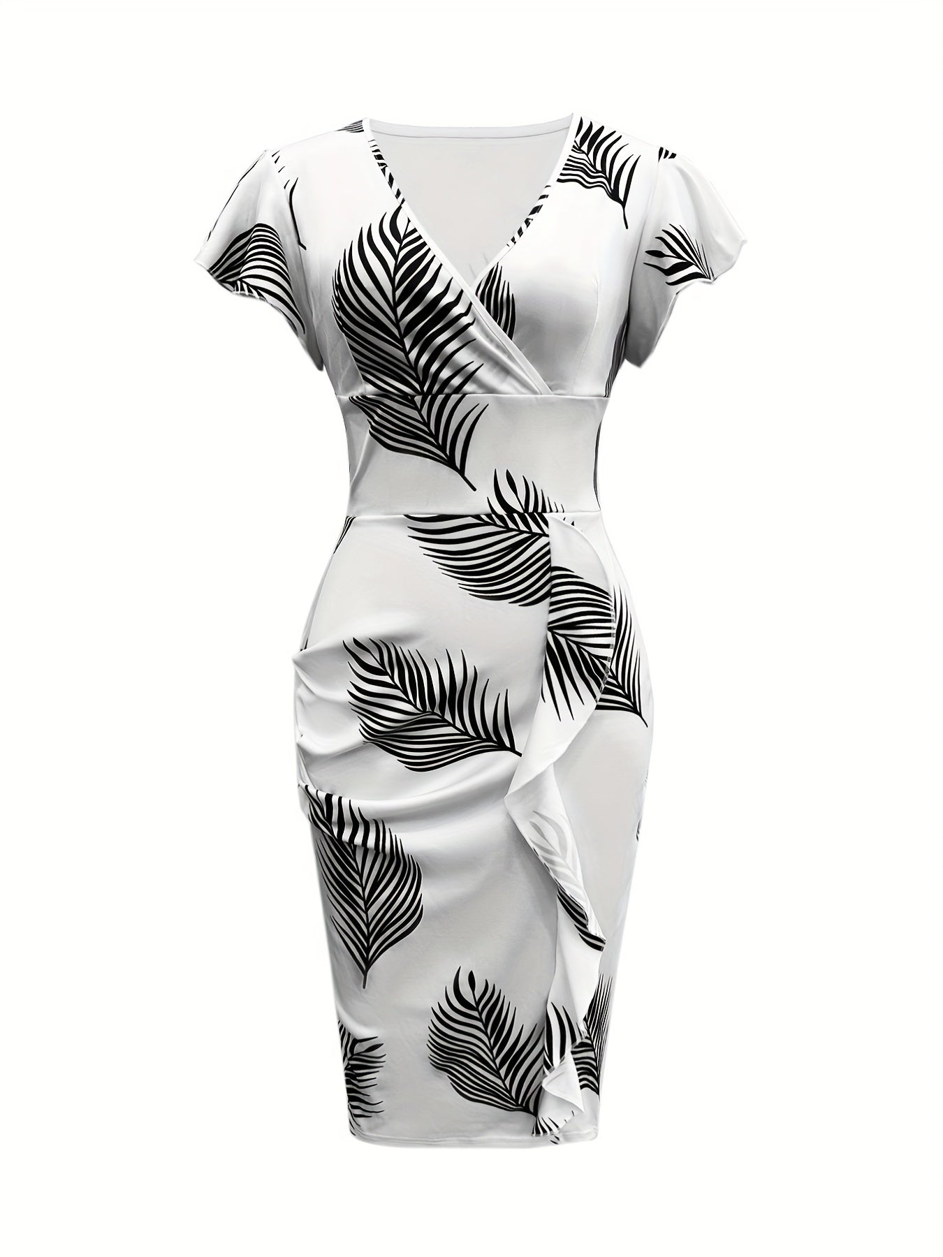 Plant Print Ruffle Trim Dress Casual Bodycon Dress Women's Clothing