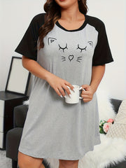Cat Print Raglan Sleeve Nightdress