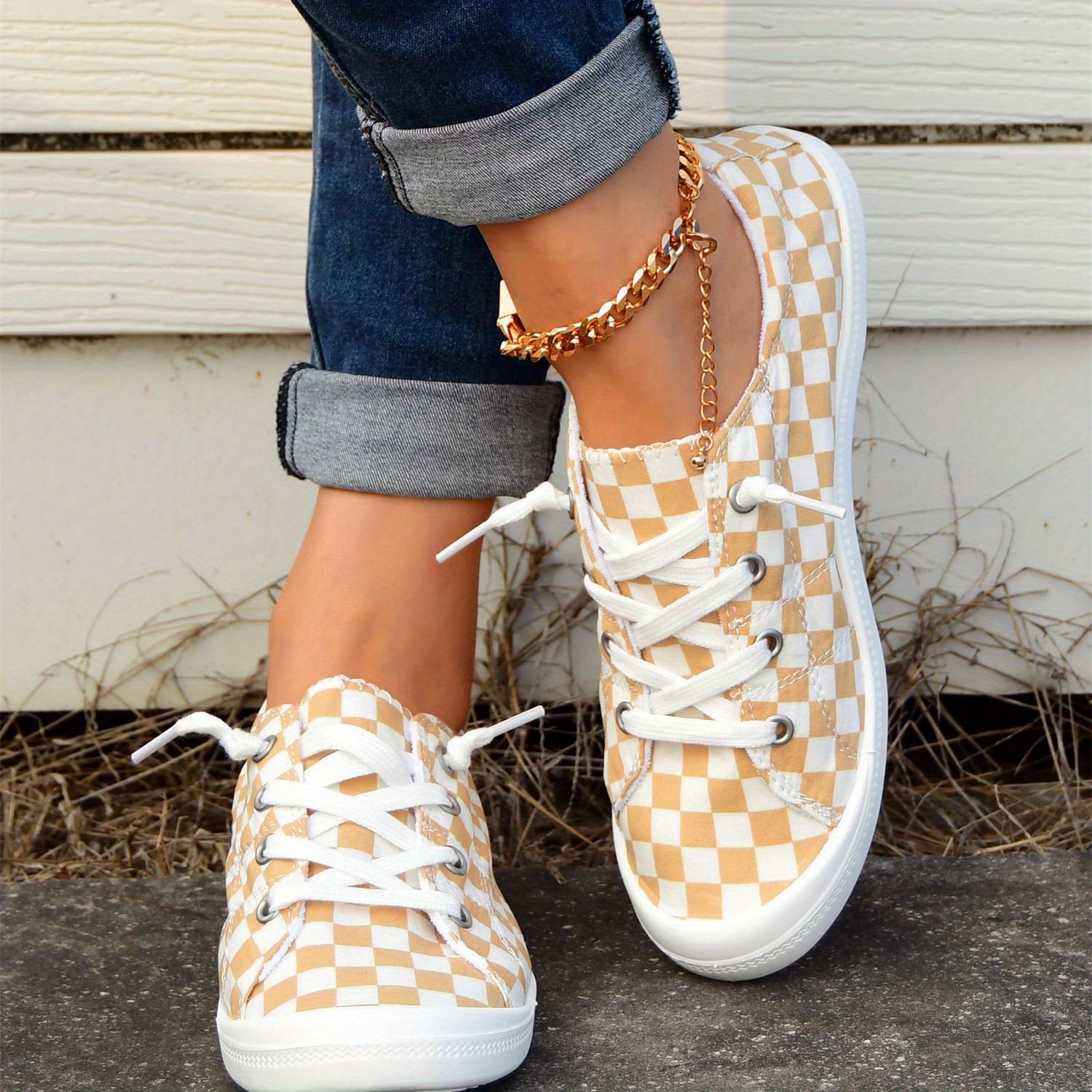 Women's Checkerboard Pattern Casual Sneakers Lace up Lightweight Walking Shoes