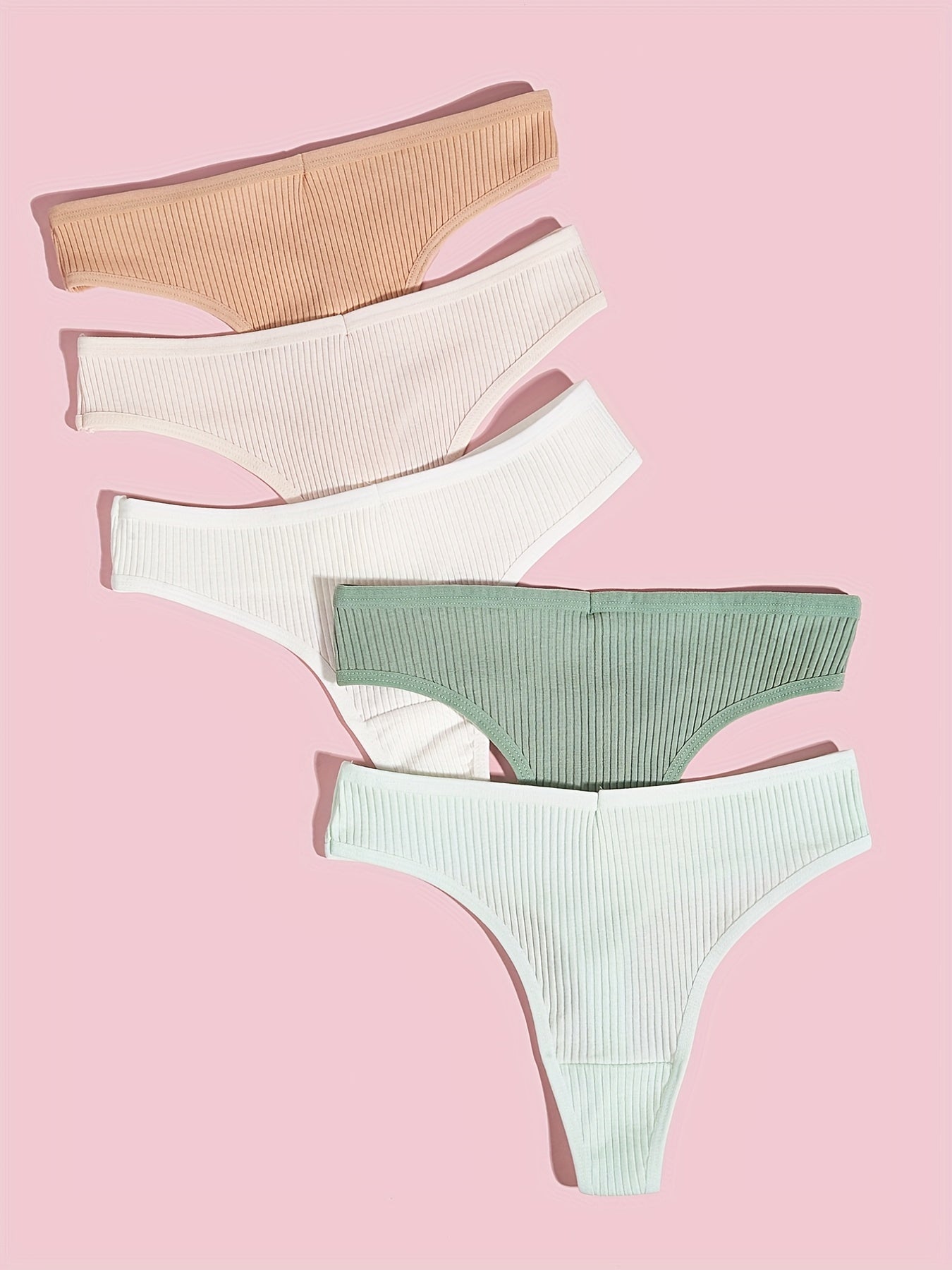 5pcs Solid Ribbed Thongs Comfy Stretchy Intimates Panties Women's Lingerie