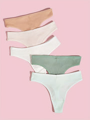 5pcs Solid Ribbed Thongs Comfy Stretchy Intimates Panties Women's Lingerie