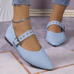 Women's Denim Buckle Flat Shoes Pointed Toe Slip On Casual Solid