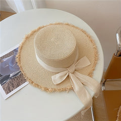 Straw Sun Hat Bowknot Decor Flat Top Jazz Fedora French Style Sunshade Beach Hat