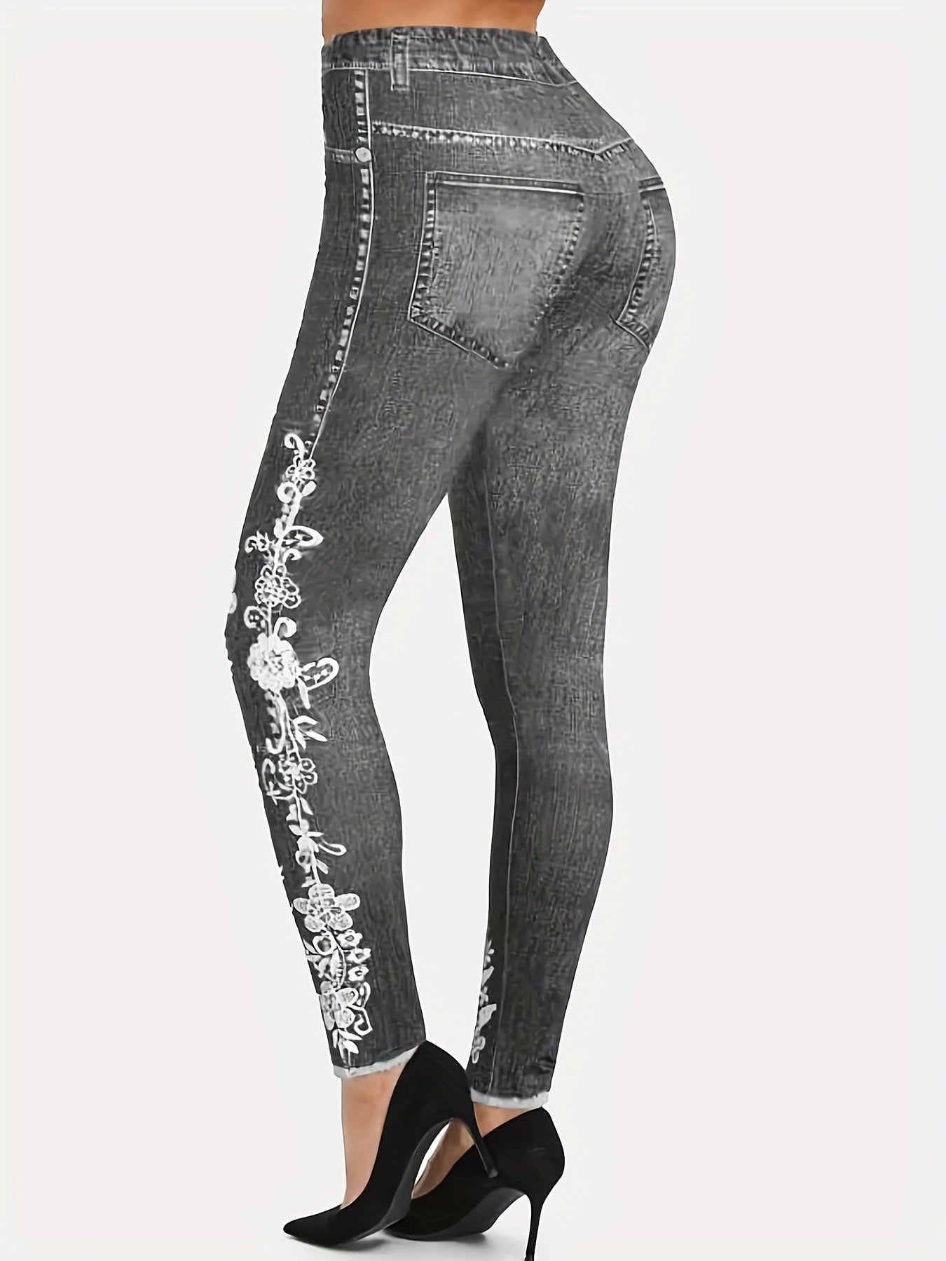 Floral Denim Print Leggings High Waist Workout Leggings