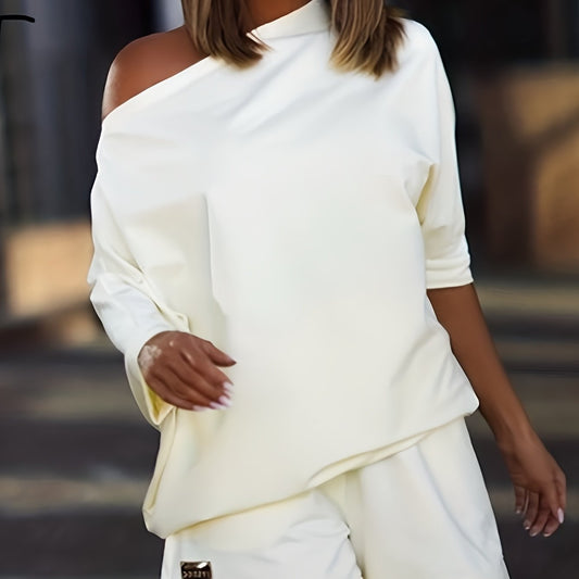 Casual Two Piece Set Slanted Shoulder Short Sleeve Tops & Wide Leg Shorts
