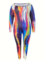 Stripe Print Long Sleeve Casual Jumpsuit