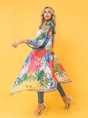 Boho Kimono Floral Print Half Sleeve Beach Cover Up