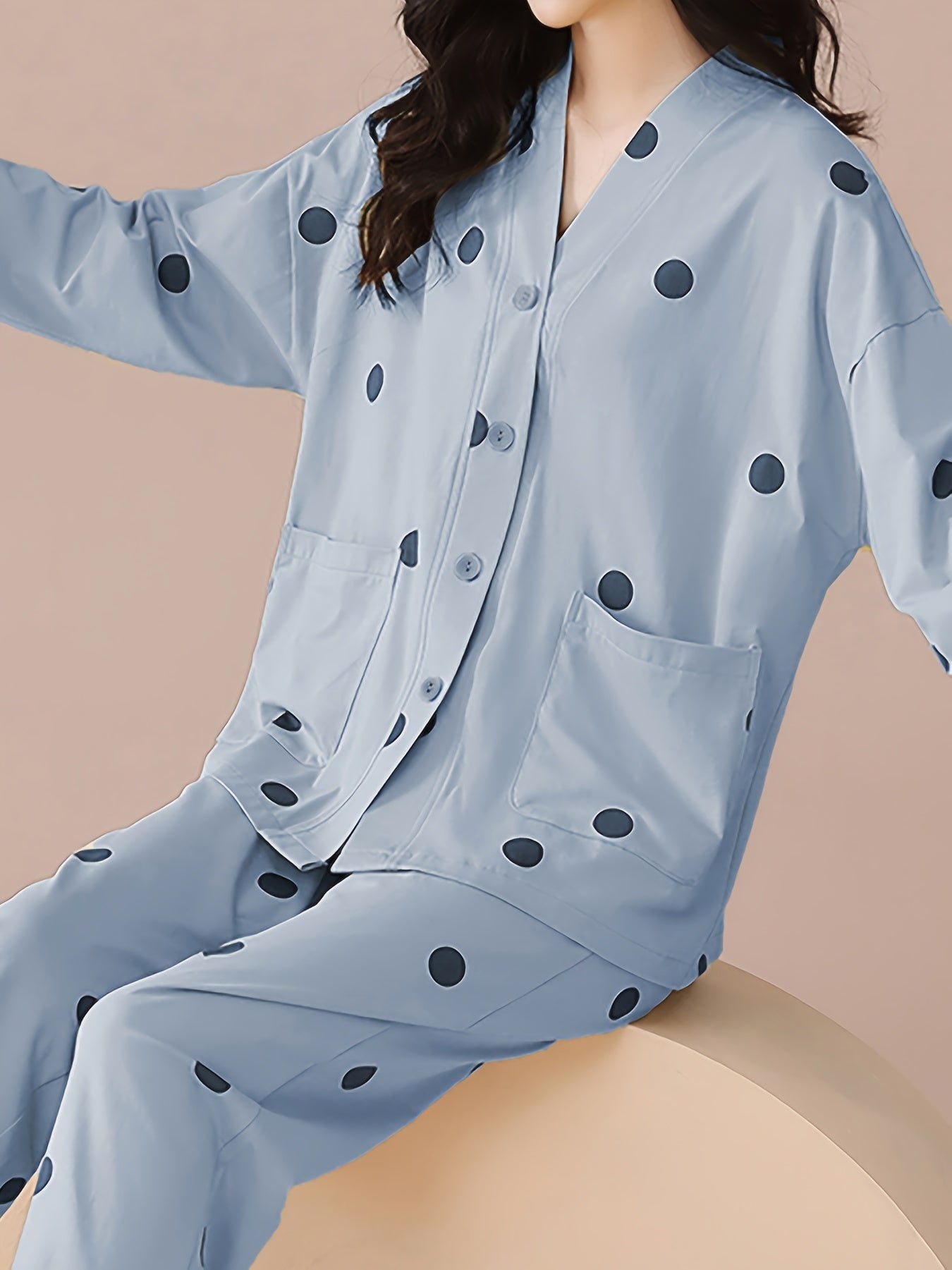 Polka Dot Pajama Set Long Sleeve V Neck Top & Pants Women's Sleepwear