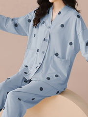 Polka Dot Pajama Set Long Sleeve V Neck Top & Pants Women's Sleepwear