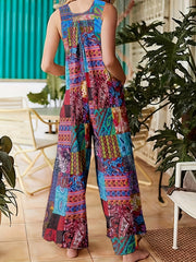 Boho Jumpsuit Women's Colorblock Scarf Print Square Neck Overalls