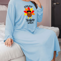 Letter & Turkey Print Long Sleeve Sleep Dress