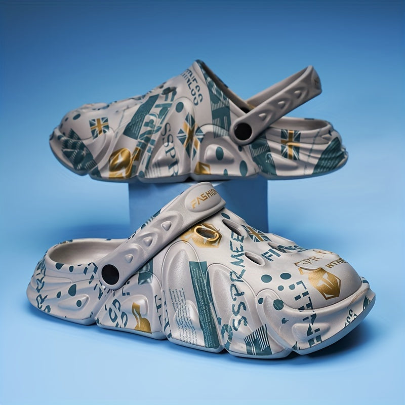 Men's Graffiti Print Comfy Clogs Hollow Out Garden Shoes
