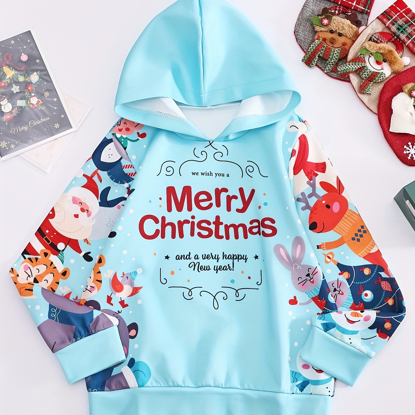 Girls Santa & Reindeer Graphic Hoodies Comfy Pullover Tops Christmas Gift