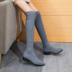 Women's Low Heel Over The Knee Boots Stretch Slip On Warm Shoes