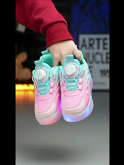 Girl's LED Roller Shoes w/ Rotating Buckle Detachable Wheels Skate Sneakers