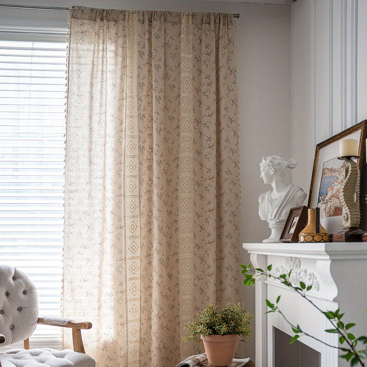 American Style Flower Printed Tassel Curtain Half Blackout for Room Decoration