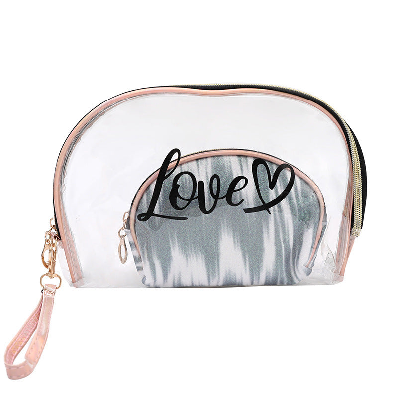 2pcs Tie Dye & Clear Makeup Bag Set Of 2 PVC Shell Shape Glitter Semicircle