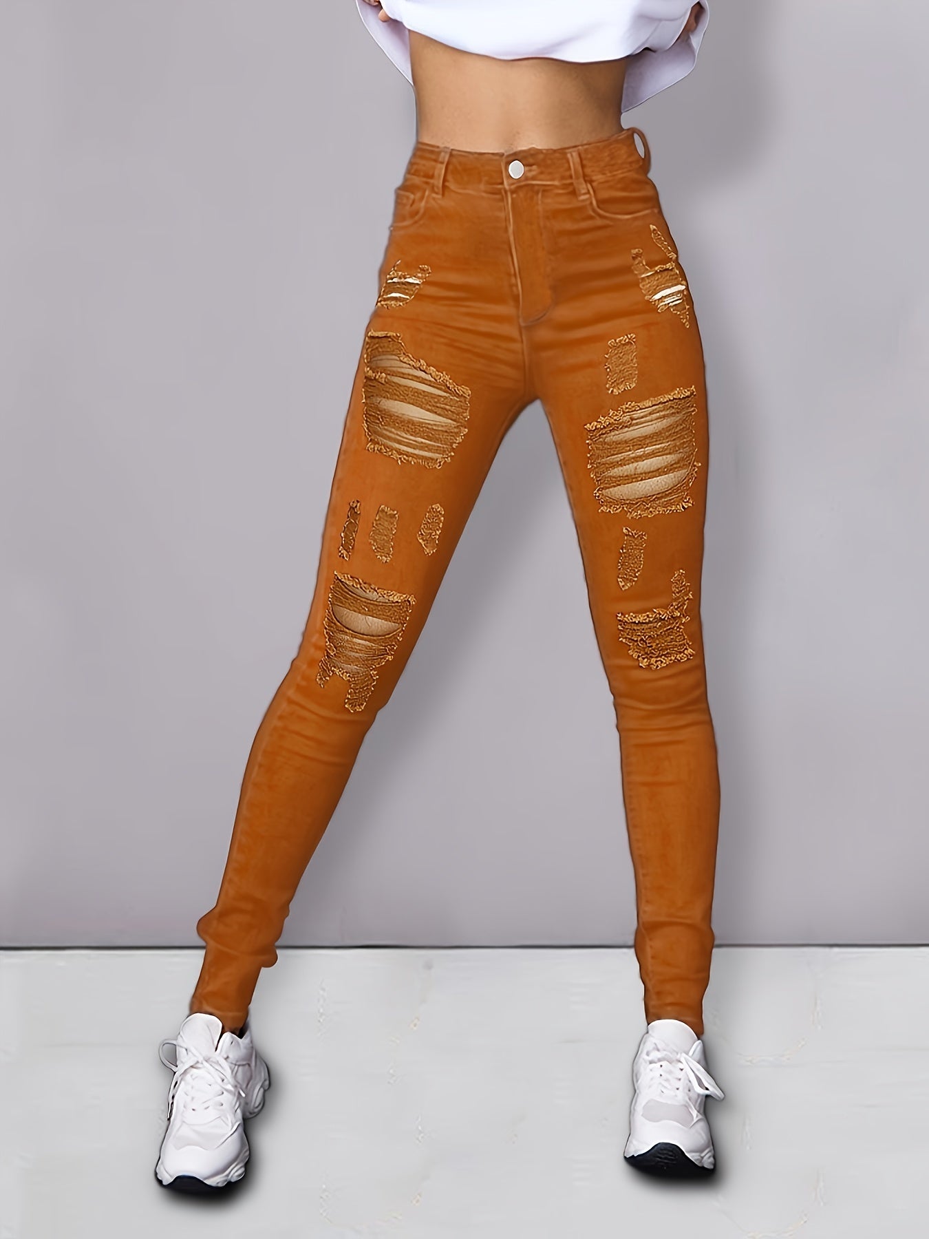 Brown Ripped Skinny Jeans Distressed Stretchy Denim Pants Women's Clothing