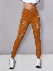 Brown Ripped Skinny Jeans Distressed Stretchy Denim Pants Women's Clothing