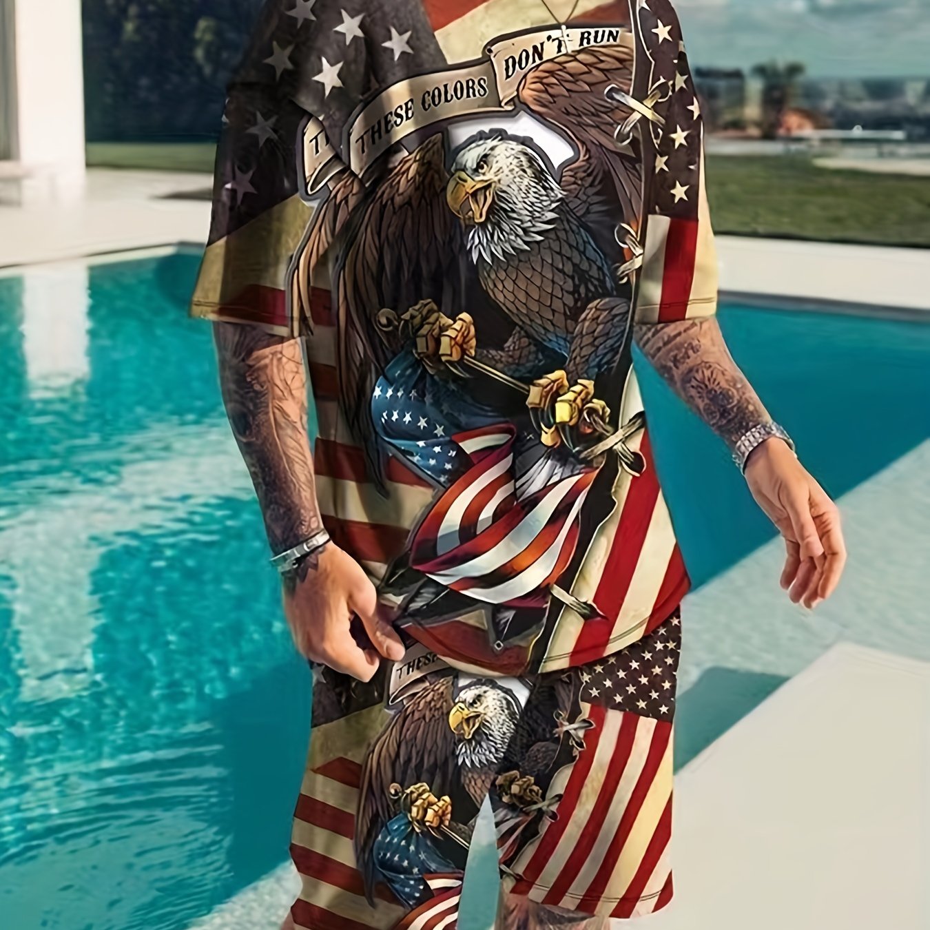 Men's Vintage Eagle & American Flag Graphic T shirt & Shorts