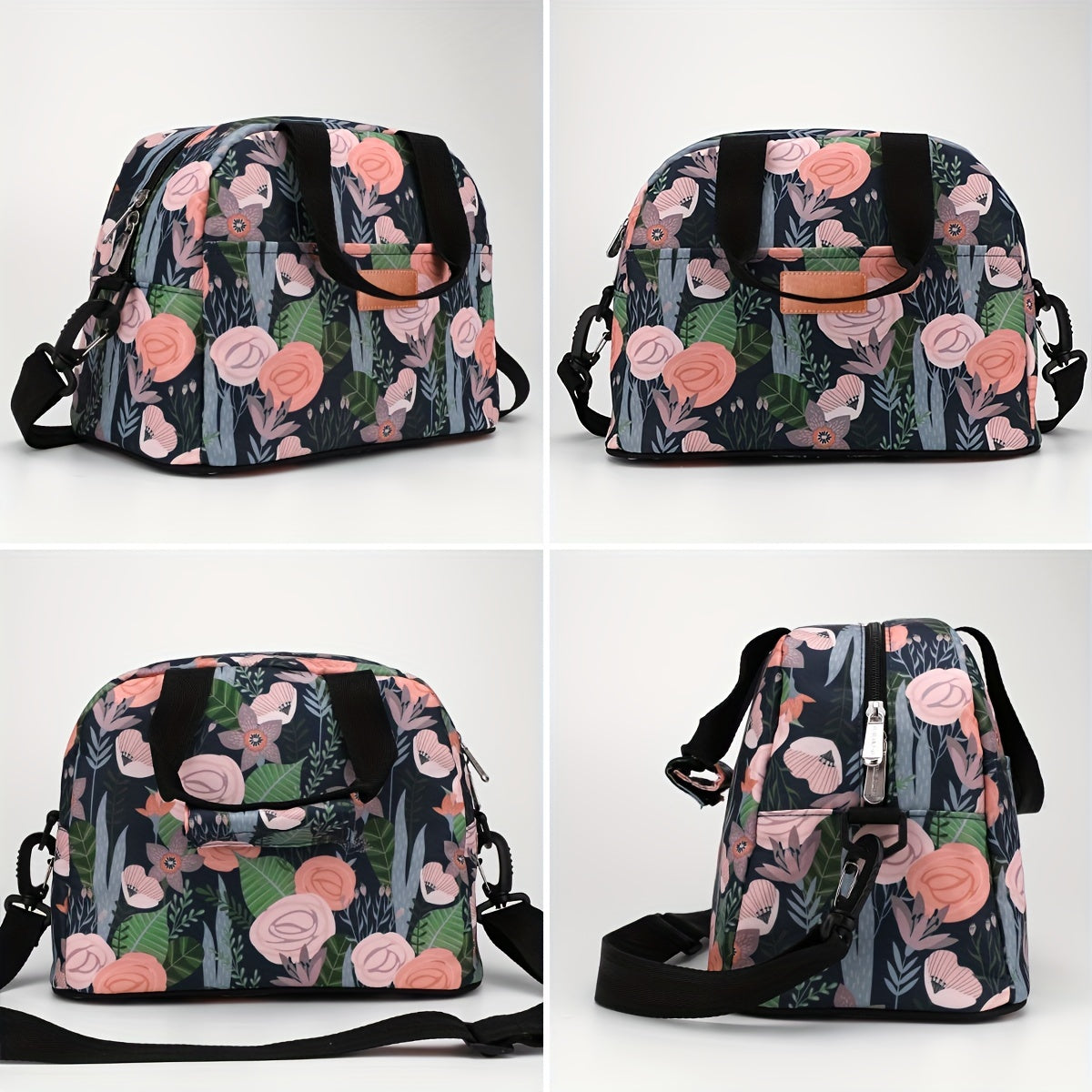 Insulated Lunch Bag with Pink Flower Strap