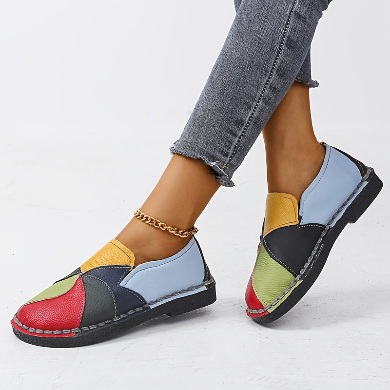 Women's Colorblock Flat Loafers Soft Sole Slip On Faux Leather Shoes