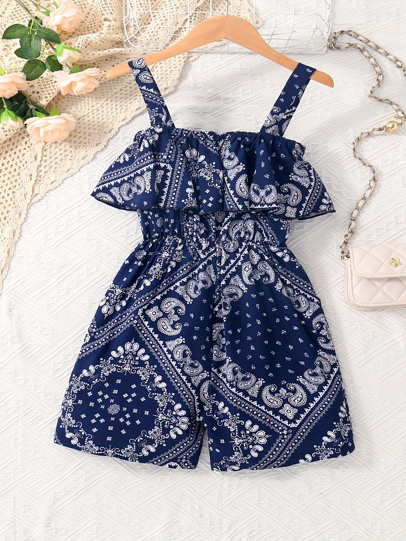 Toddler Girls Ethnic Abstract Ruffle Trim Cami Rompers Jumpsuits