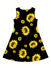 Girls Sunflower Print Sleeveless Loose Fit Summer Dress