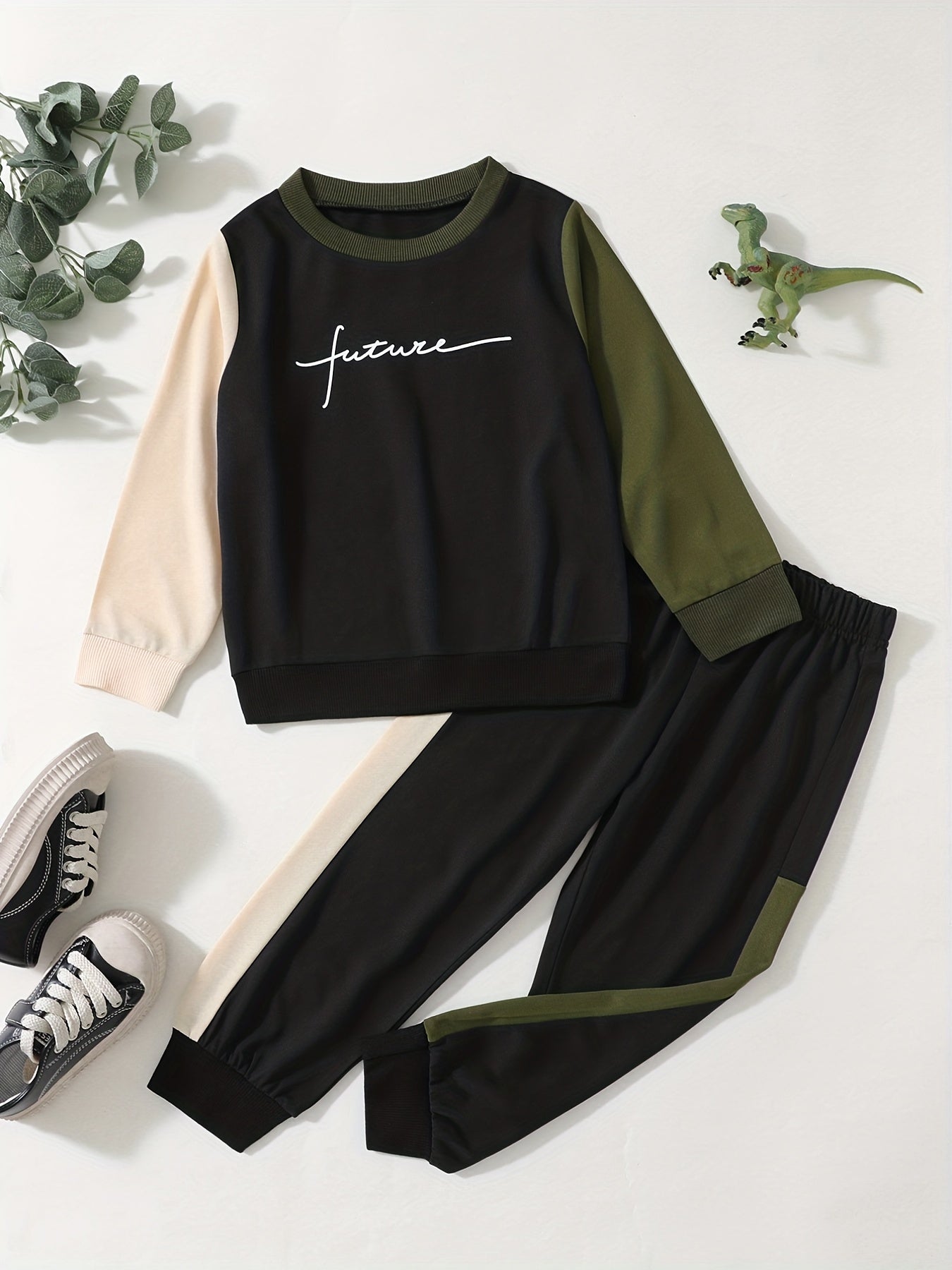 Boys 2pcs Block Sweatshirt & Sweatpants Set for Spring Fall