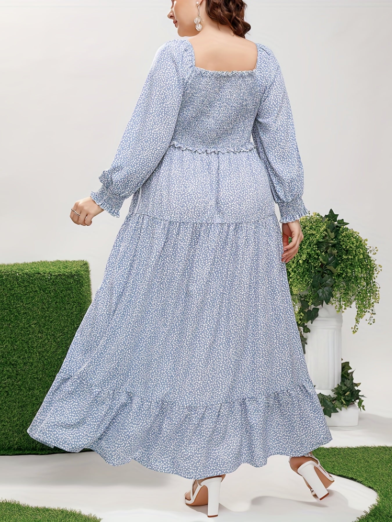 Plus Ditsy Floral Print Flounce Sleeve Smock Maxi Dress