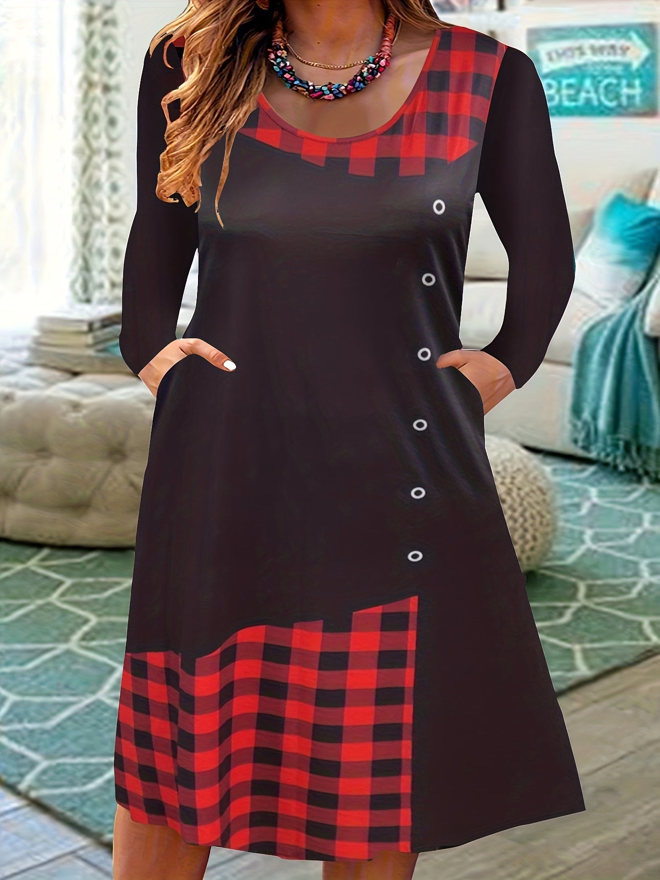 Gingham Print Stretch Dress with Pockets