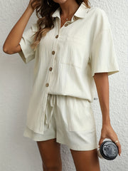 Two Piece Set Button Front Shirt & Drawstring Shorts