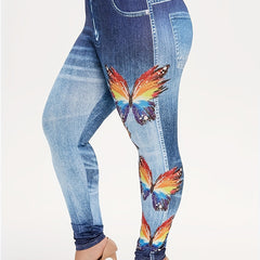 Butterfly Print Faux Denim Sports Leggings High Stretch Workout Tight Pants